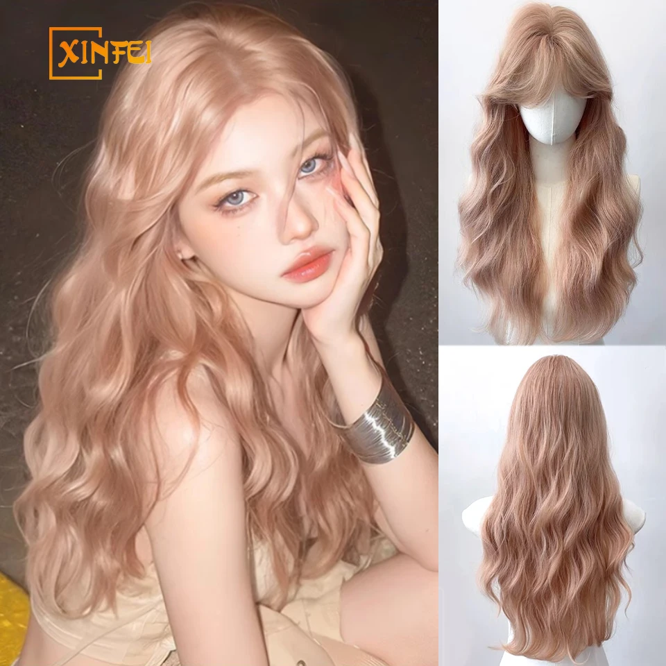 Peruca sintética parte média longo cabelo encaracolado com franja sintética fofo lolita cosplay peruca feminina resistente ao calor para festa diária