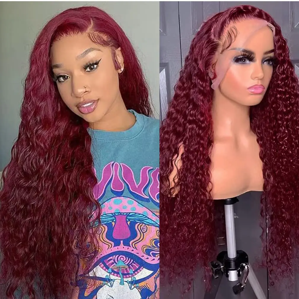 

13x4 13x6 99j Burgundy Deep Wave Lace Front Wigs Human Hair 30 inch Colored Lace Curly Wig Pre Plucked Glueless Wigs Human Hair