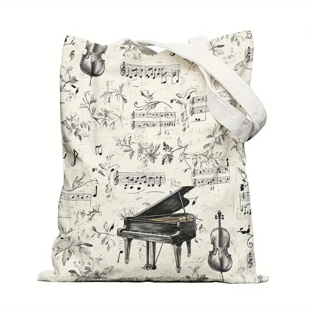 1 Piece Vintage Style Canvas Shoulder Bag with Musical Notes, Piano, and Violin Designs, Lightweight Foldable Storage Tote Bag, Reusable Shopping Bag with Fixed Shoulder Strap, Perfect Gift for Commuting, Travel, Shopping, School, and Holidays