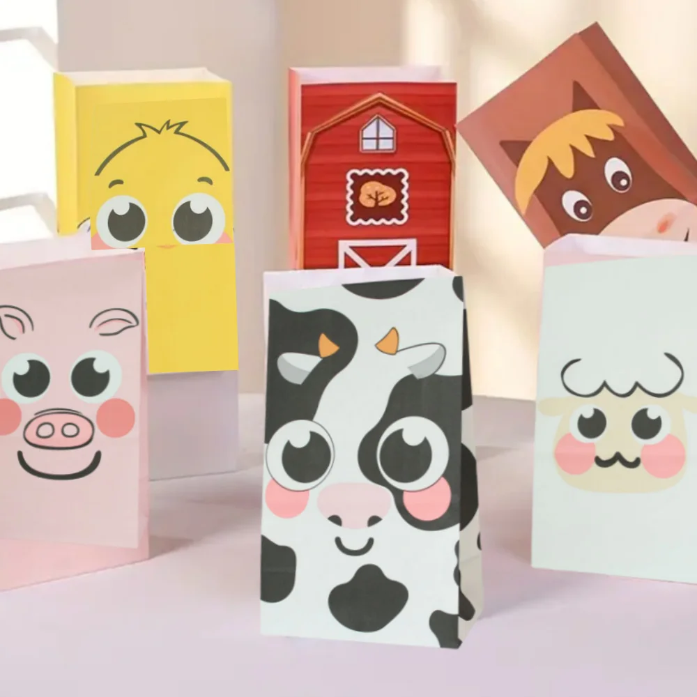 24pcs farm animal paper gift bag, foldable sticker seal suitable for packaging party gifts, candies, pastries, and various items