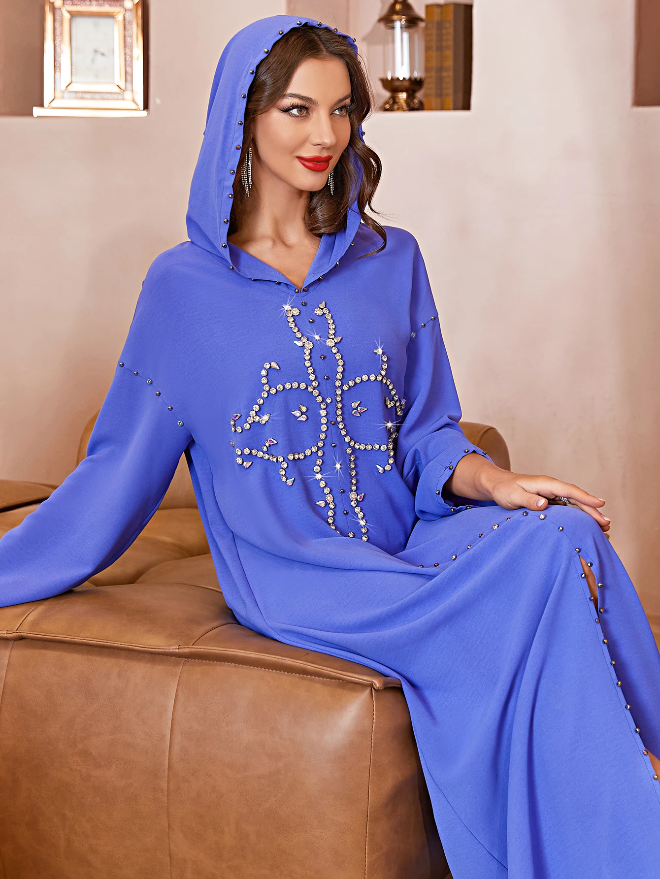 A129 new blue hand sewn diamond abstract pattern hooded dress for women