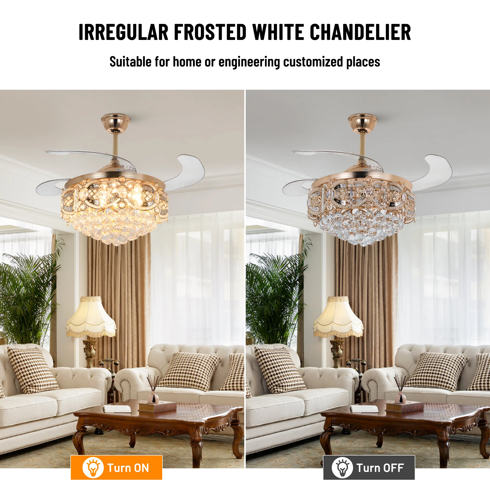 42인치 크리스탈 LED 매립형 천장 선풍기 조명, 리모컨 포함, 거실 및 식당에 적합