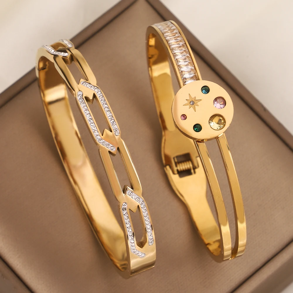 

Freetry Shinny Rhinestone Stainless Steel Wide Bangle Waterproof Cuff Bracelet for Women Hollow Geometric Hand Bracelet Jewelry