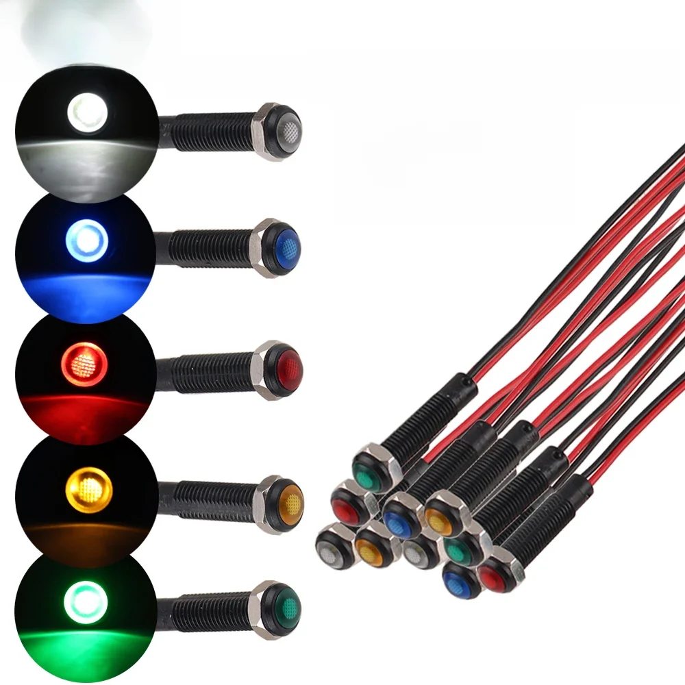 Indicateur lumineux en plastique noir oxydé de 6mm, Mini lampe de signalisation pilote d'avertissement LED 6V12V 24V 220V avec fil rouge jaune bleu vert 1 pièce