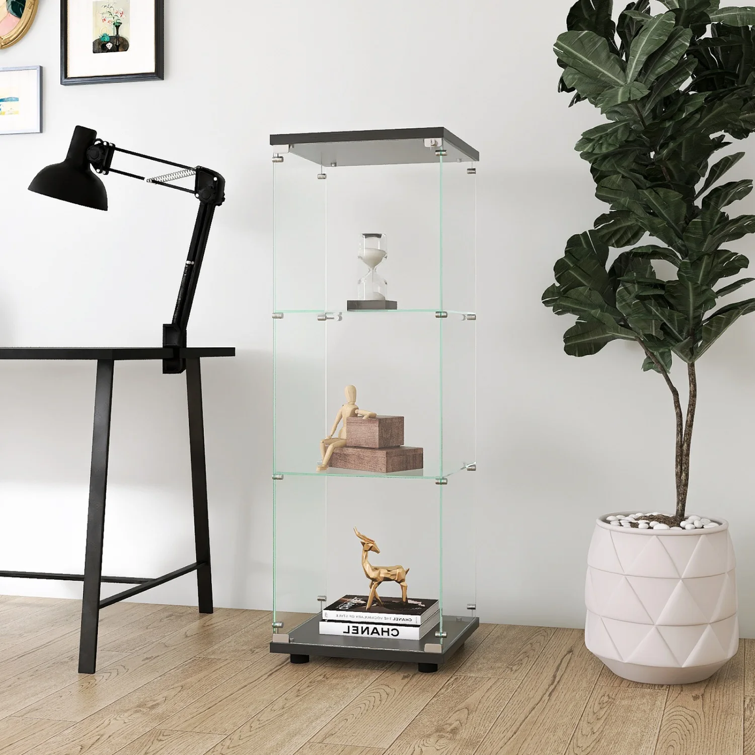Anajqaqia 3-laags glazen vitrinekast met deur en slot voor verzamelobjecten, opbergkast voor de woonkamer 42x36x125cm