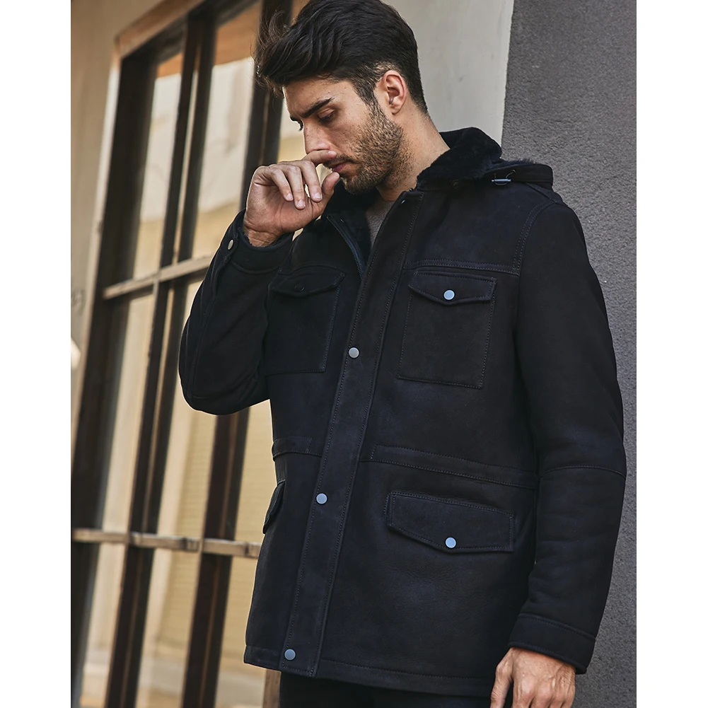 Denny&Dora Men’s Shearling Jacket – Black Mid-Length Coat, Imported Sheepskin Leather with Fur​