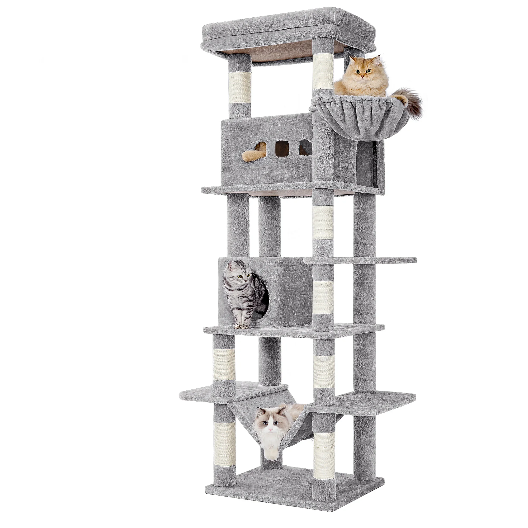 Kattenboom, 210 cm grote kattentoren voor binnenkatten, multi-level kattenhuis met condo, 8 krabpalen, 4 pompons