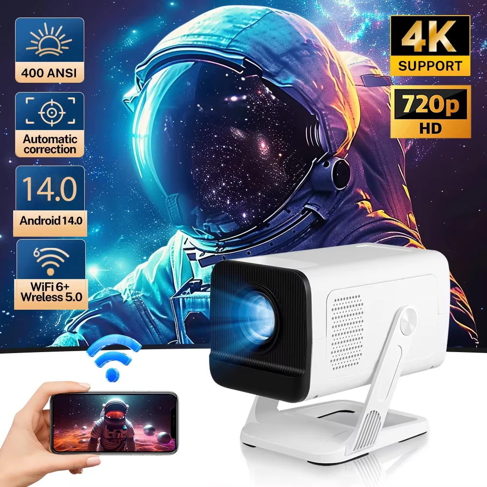 LYNCast Portable Projector with 4K+ Support, X1, 400ANSI, Android 14, WiFi6, BT5.4, Bedroom, Rental Housing, Student Dormitory, Camping, Compatible with Power Bank, the Boys, Off Campus