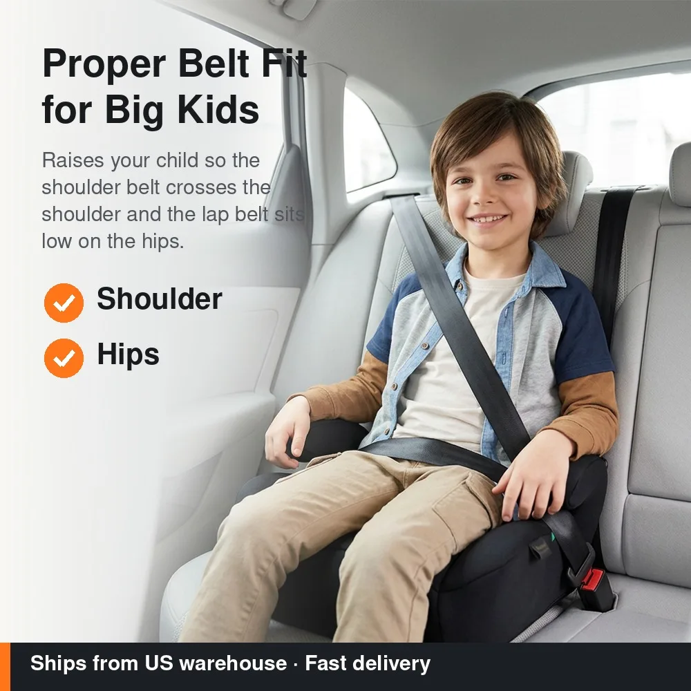Backless Booster Seat for Car, Big Kids 49-59 in Tall, Lightweight Portable Belt-Positioning Booster Cushion, Ages 7-12, Black