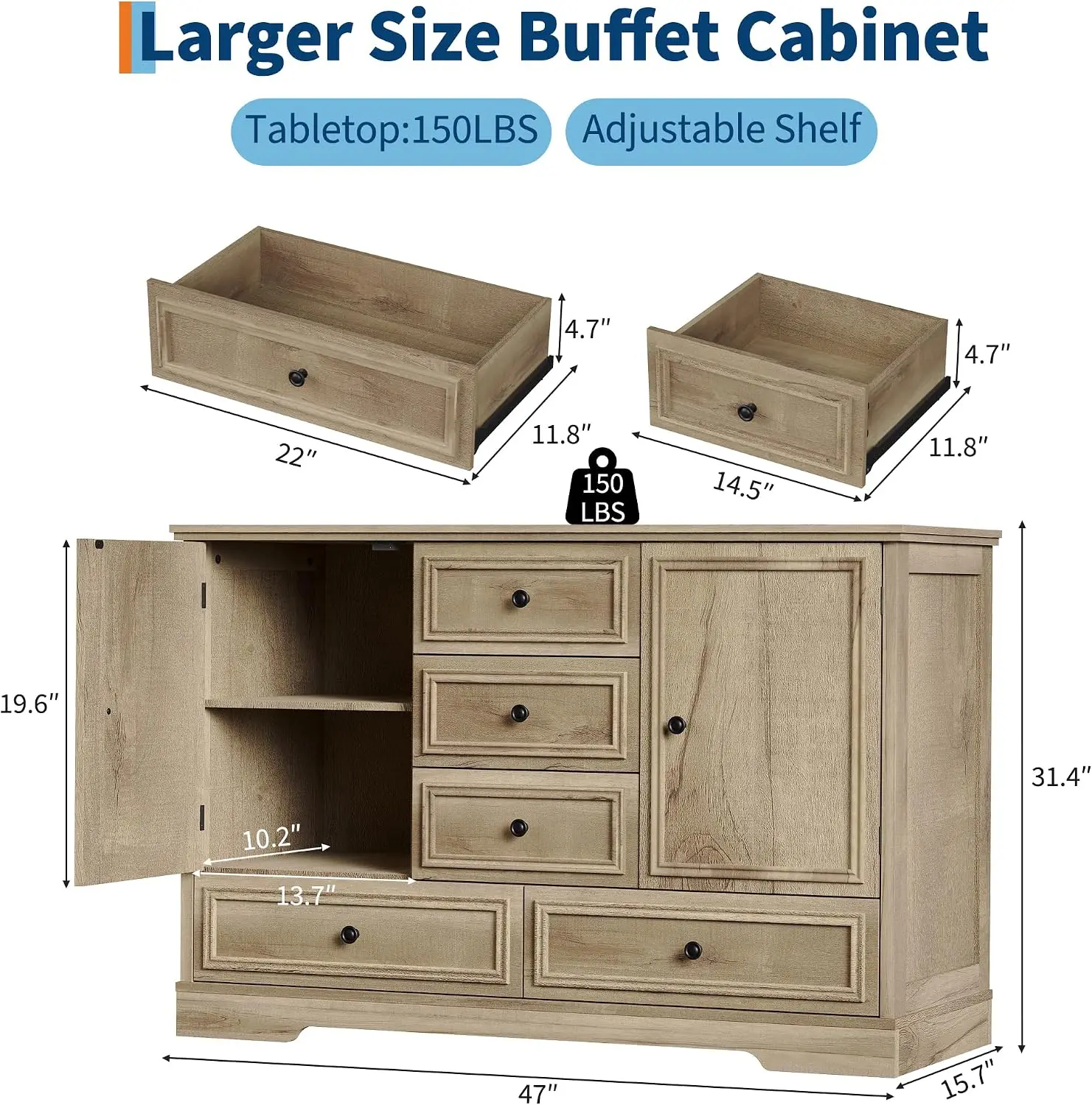47” Farmhouse Sideboard Buffet Cabinet,5 Drawers,2 Doors,Oak Adjustable Shelves Provide Flexible Storage For Dinnerware, Kitchen Essentials, Decor, and Everyday Items In Any Room.