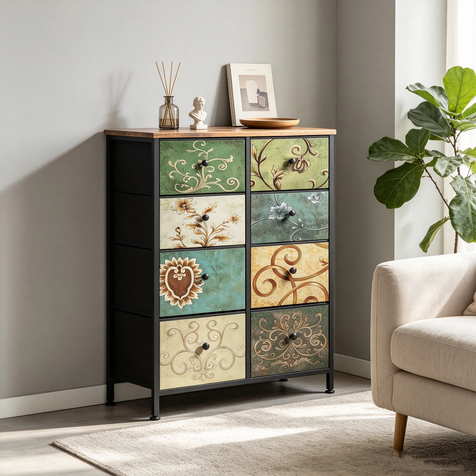 Cassettiera Anajqaqia con 8 cassetti in tessuto, comò vintage con piano in legno, mobiletto con struttura robusta in acciaio per camera da letto, sogg