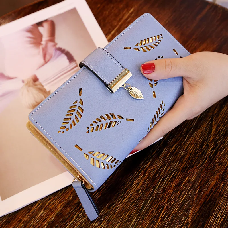 

Women's Short Purse Faux Leather Medium Wallet Hollow Out Leaf Classic Card Coin Holder Small Purses Buckle Zipper Clutch A035