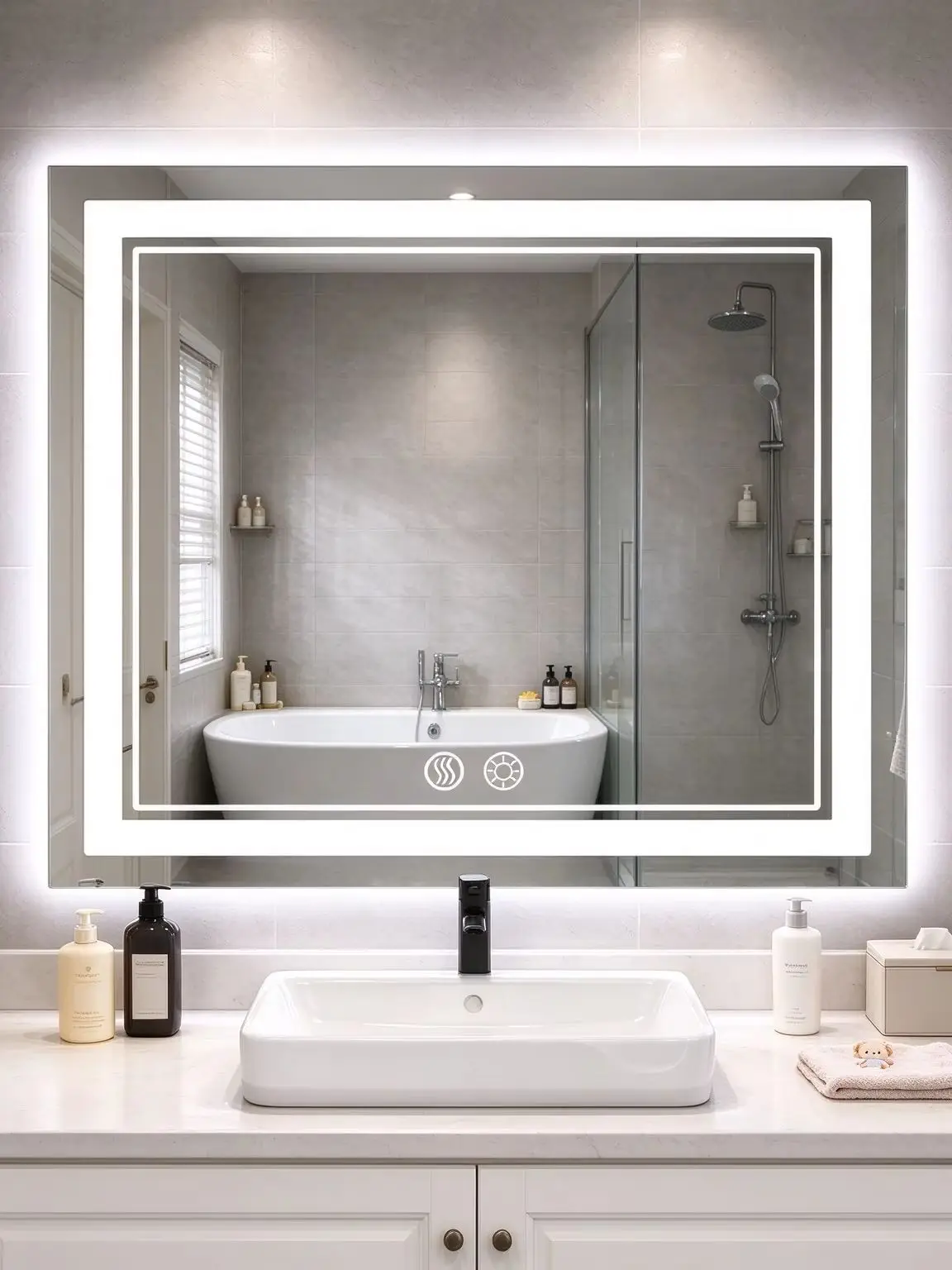 Dimmable LED Vanity Mirror with Anti-Fog, Wall Mounted Bathroom Mirror with Lights, Double Frame Touch Sensor Makeup Mirror, Brightness Adjustable Lighted Mirror for Bathroom and Bedroom