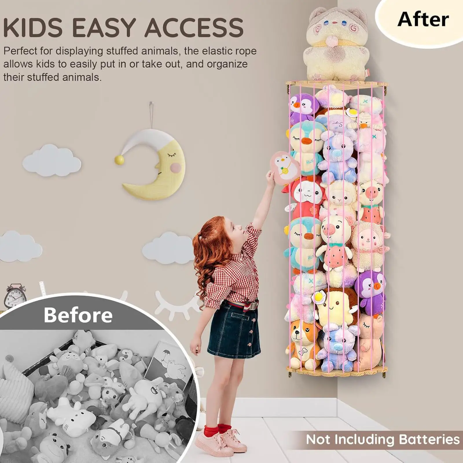 Corner Plush Toys Holder Adjustable Height Home Decor Wood Soft Toy Shelf for Dorm Living Room Nursery Kids Playroom Bedroom