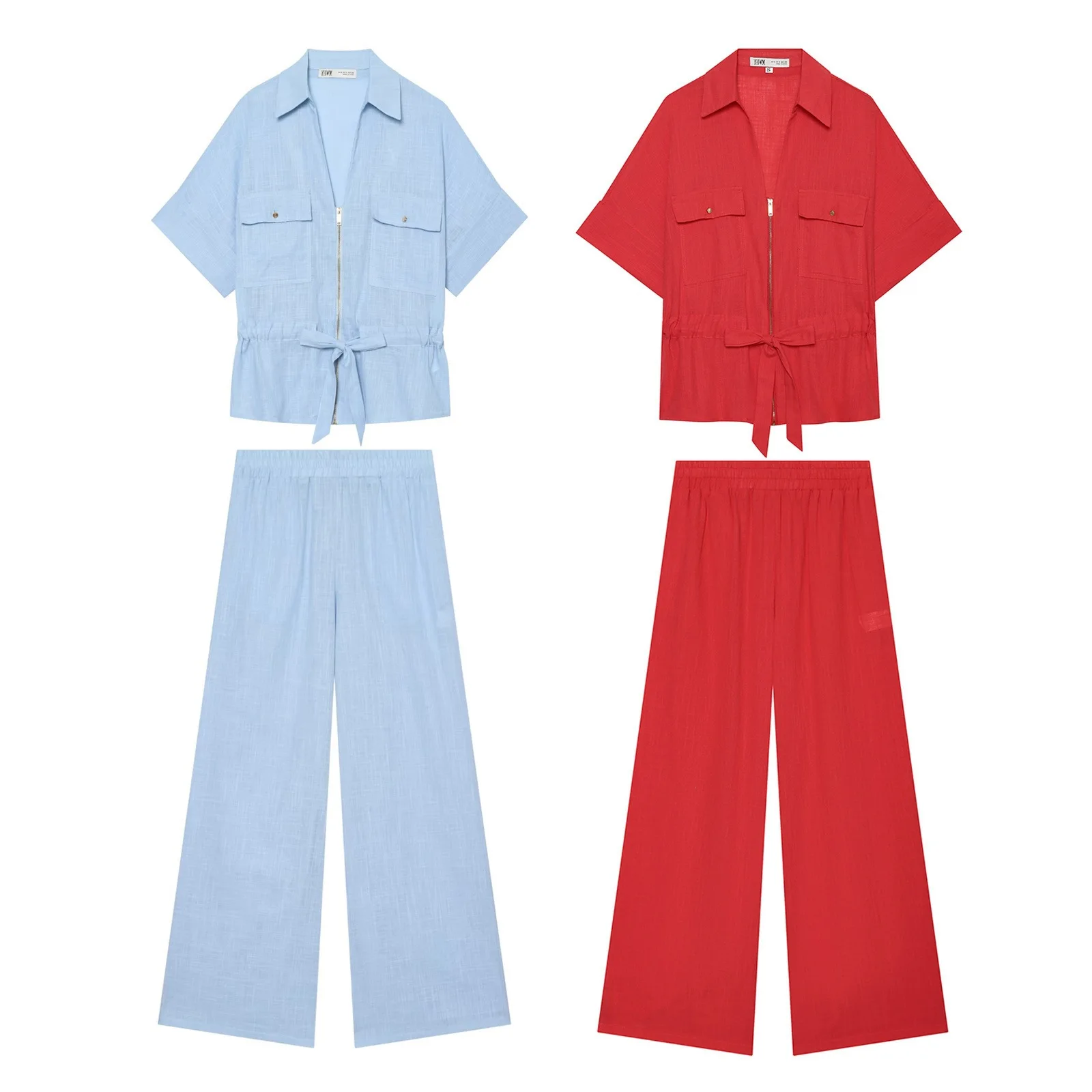 Women Short Sleeve Cargo Shirt Wide Leg Pants 2 Piece Set Drawstring Belted Jacket Long Trousers Casual Summer Tracksuits
