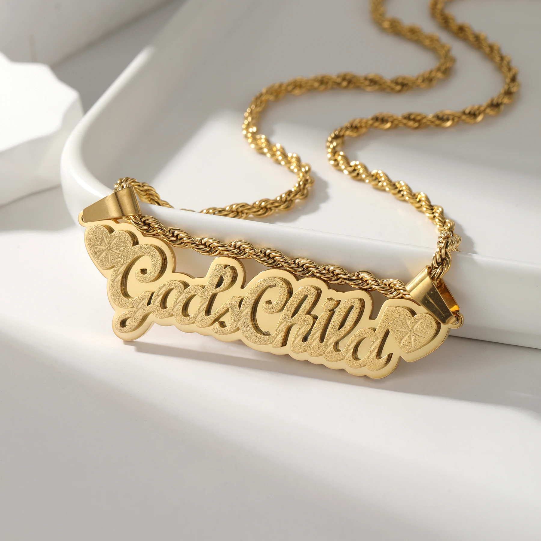 

Sand Pressed Necklace with Heart 18k Gold Plated Custom Double Name Plate Pendant Double Layer Name Jewelry Wife Women Gift