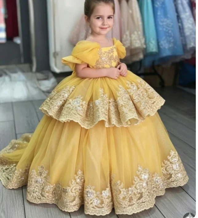 Yellow Satin Lace Flower Girl Dress For Wedding Sequin Applique Floor Length Kids Infant Baptism First Communion Gowns Custom