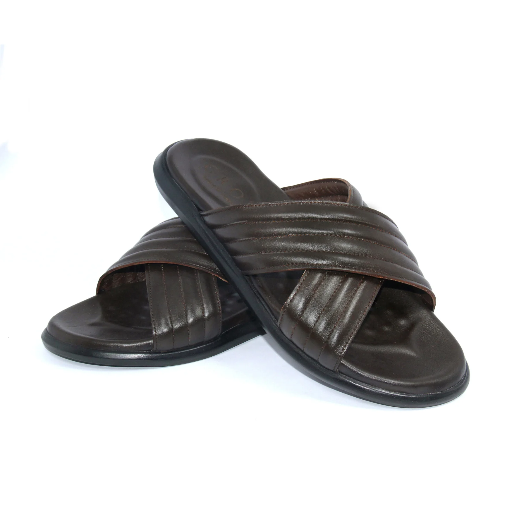 GROZ Black Leather Slippers, Real Calfskin, Soft Striped Lightweight Sliders for Travelling Outdoor Sandals, Summer Collection