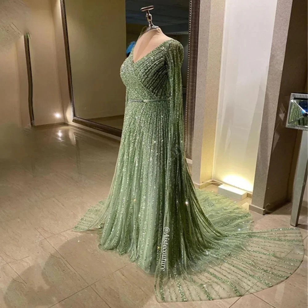Oimg grün glänzende Pailletten Abendkleider Sweep Zug Ballkleider Saudi-Arabien Robe de Soiree Perlen Frauen formelle Akkasion tragen