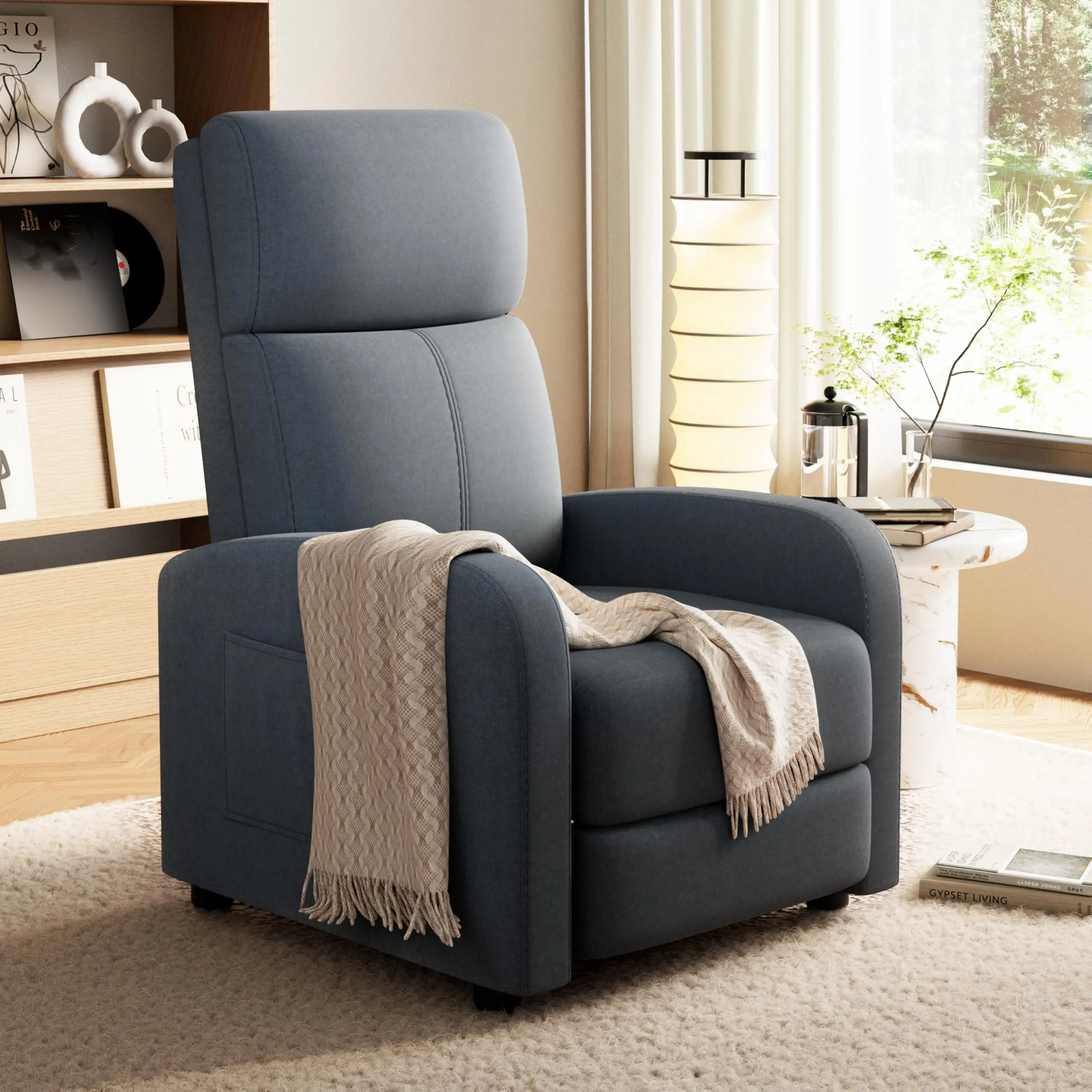 Fauteuil inclinable, fauteuil inclinable manuel ergonomique, canapé simple réglable avec poche latérale, dossier haut, coussin épais, accoudoirs larges pour salon, chambre et home cinéma