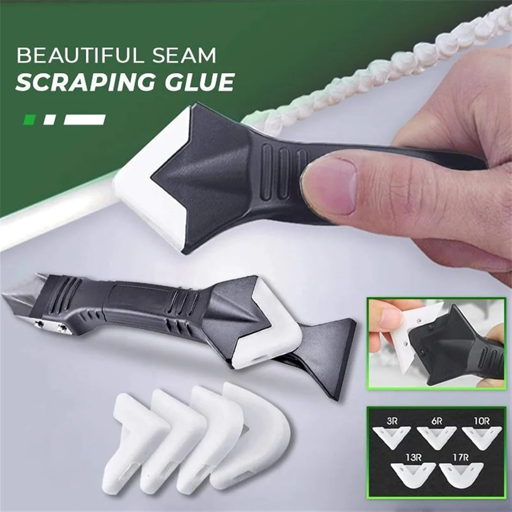 6PCS Caulking Tool Kit, 3 in 1 Caulking Tools Silicone Sealant Finishing Tool Grout Scraper, Reuse and Replace 5 Silicone Pads