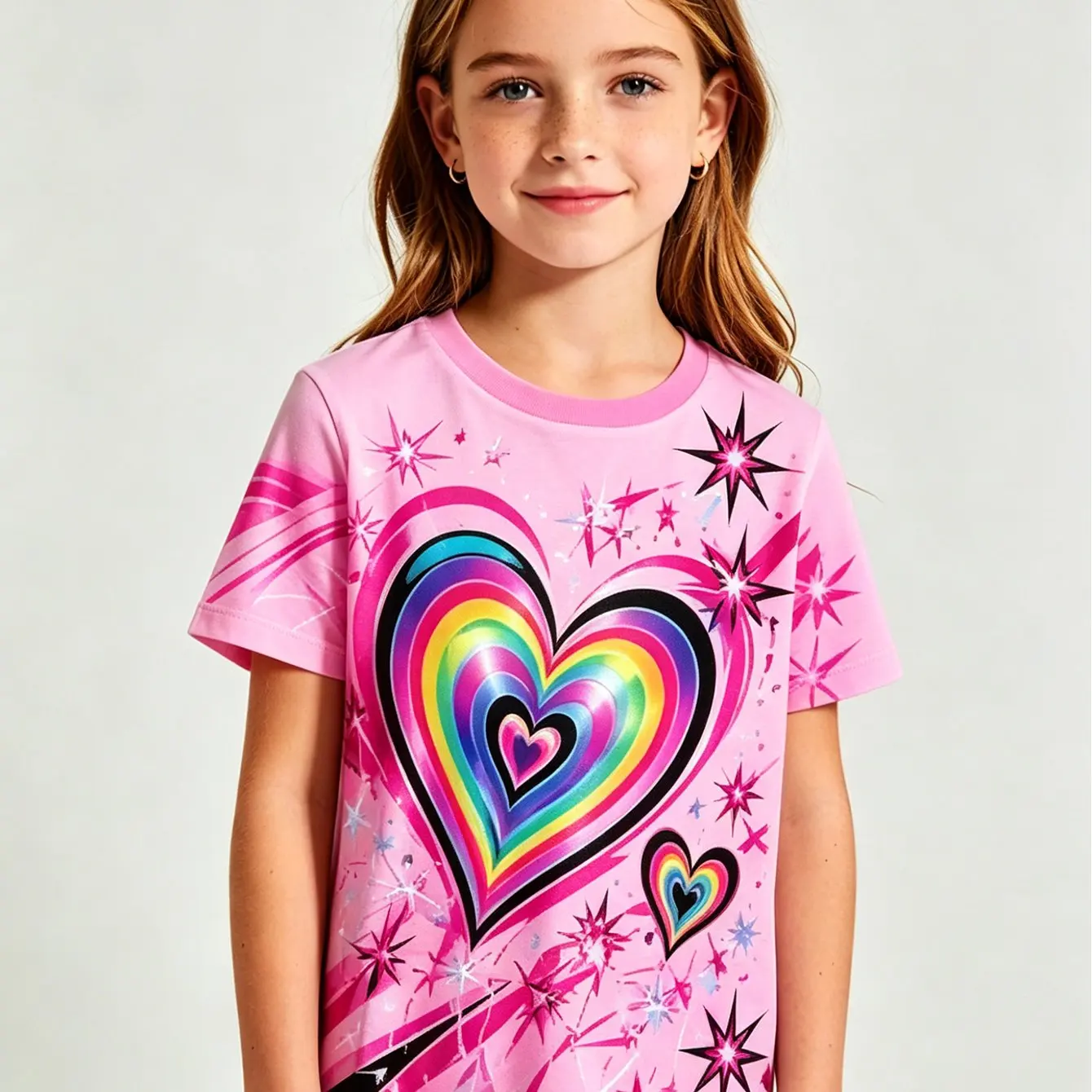 2026 Girls Rainbow Heart Star Print O Neck Short Sleeve Tee Breathable Daily Trendy Soft Light Premium Loose Summer Kids Top