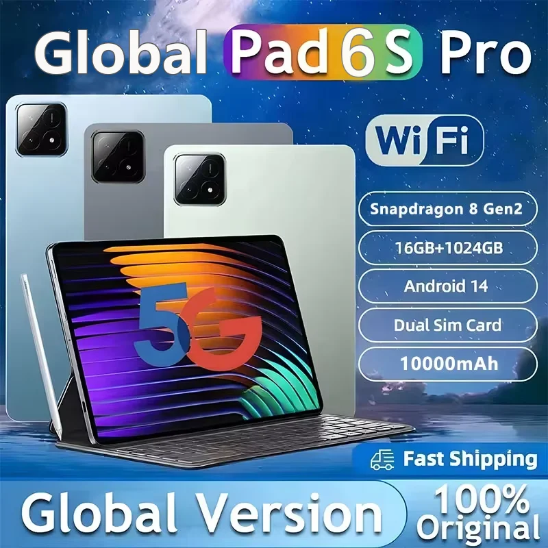 Tableta Global Android 14 Pad 6S Pro, 16GB, 1TB, Snapdragon 8 Gen2, 4K, HD, 5G, WIFI, SIM, Bluetooth, WPS, 2025 mAh, 10000