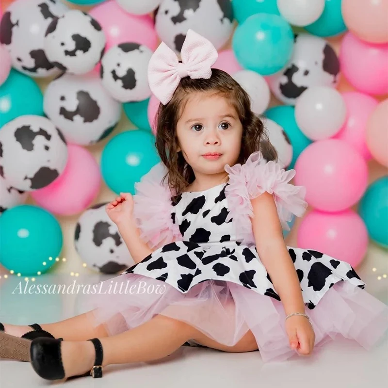 Baby Girl Cow Print Tulle Fancy Dress With Handband Infant Cowgirl Costume