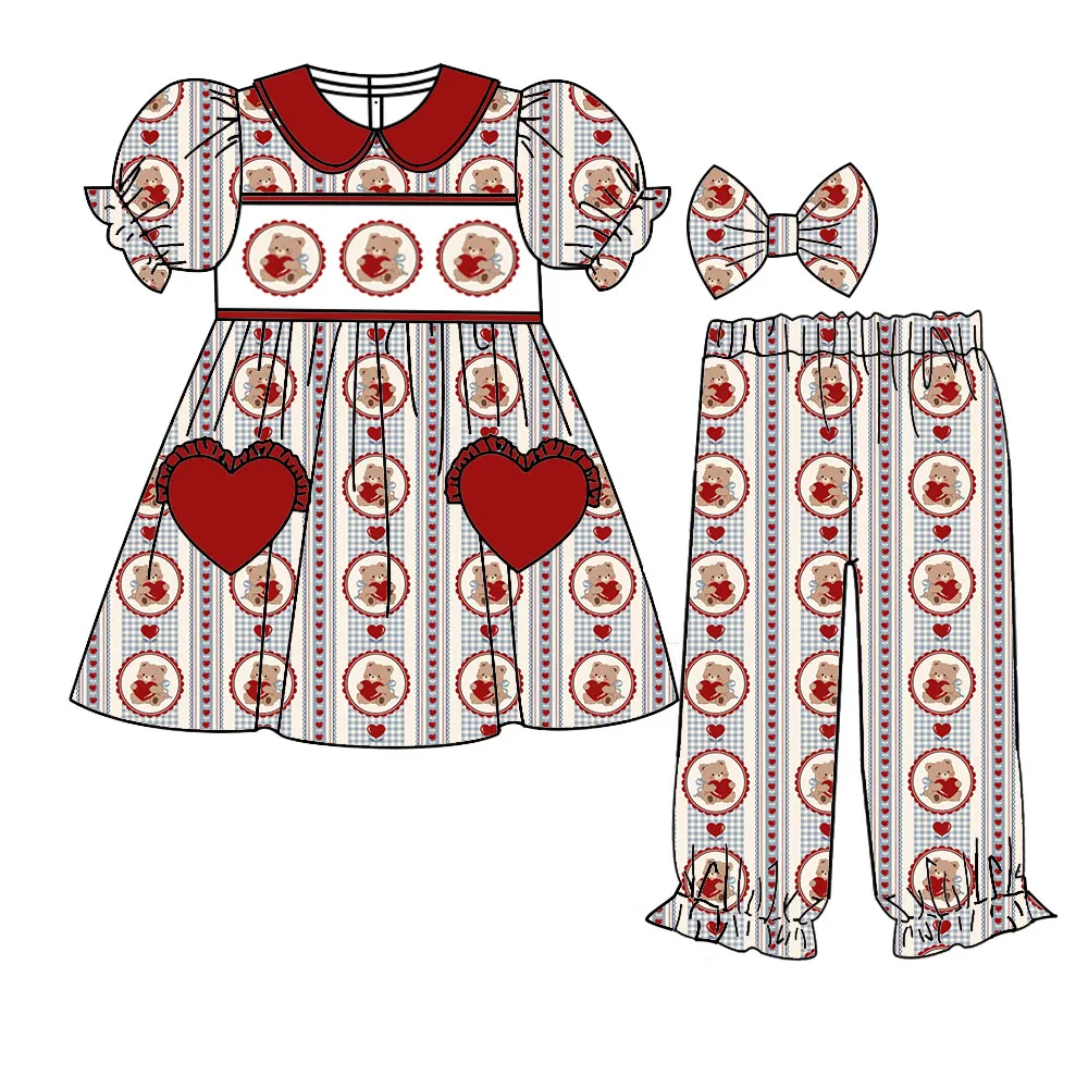 New Toddler Girl Valentine's Day Clothes Short Sleeve Cartoon Animal Print Girl Outfit Set with Heart Shaped Pockets Milk Silk