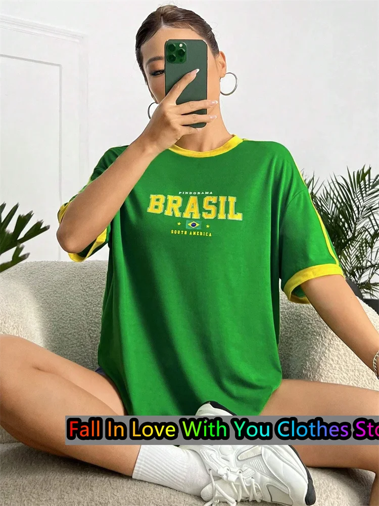 Brasil Letter Print TShirt For Women Summer Oversized O-neck Tee Harajuku Trend Sport Short Sleeve  Streetwear Tops Unisex