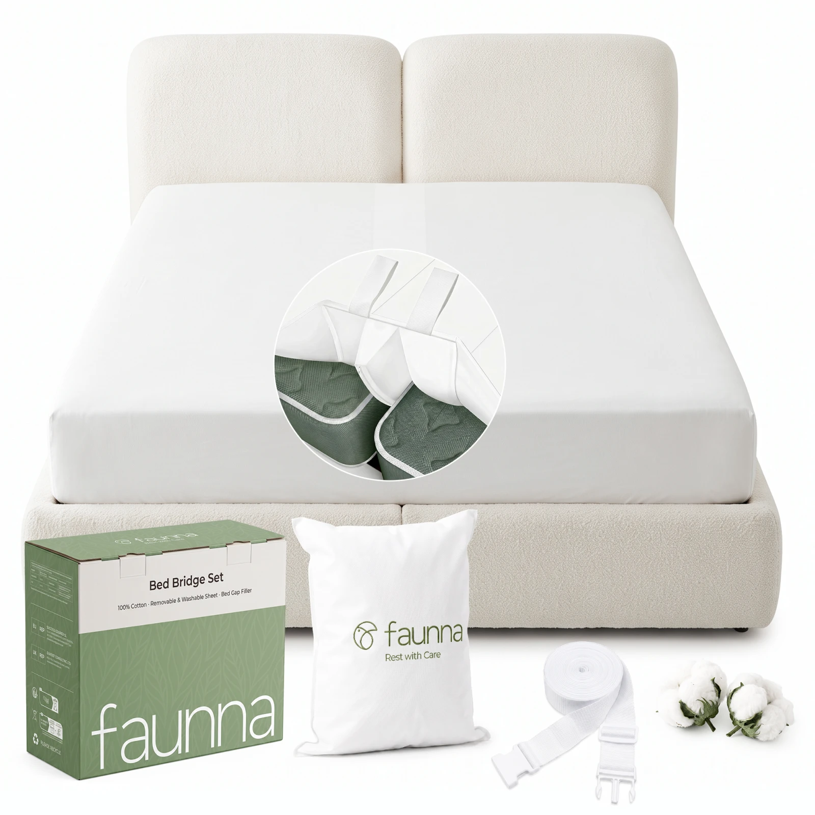 FAUNNA 3-in-1 King Bed Bridge Set, Mattress Gap Filler with 100% Cotton Fitted Sheet and Connector Strap, White