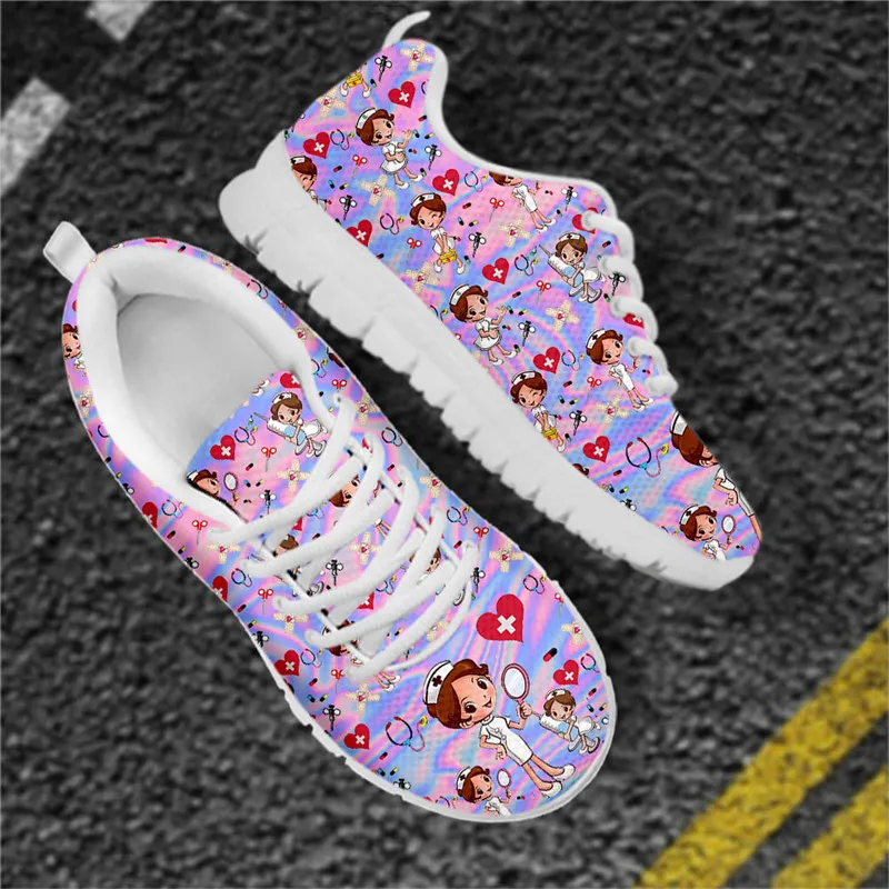 INSTANTARTS Kawaii Nurse Girls Rainbow Gradient Print Women's Nurse Shoes Healthcare Design Casual Flats Ladies Light Footwear