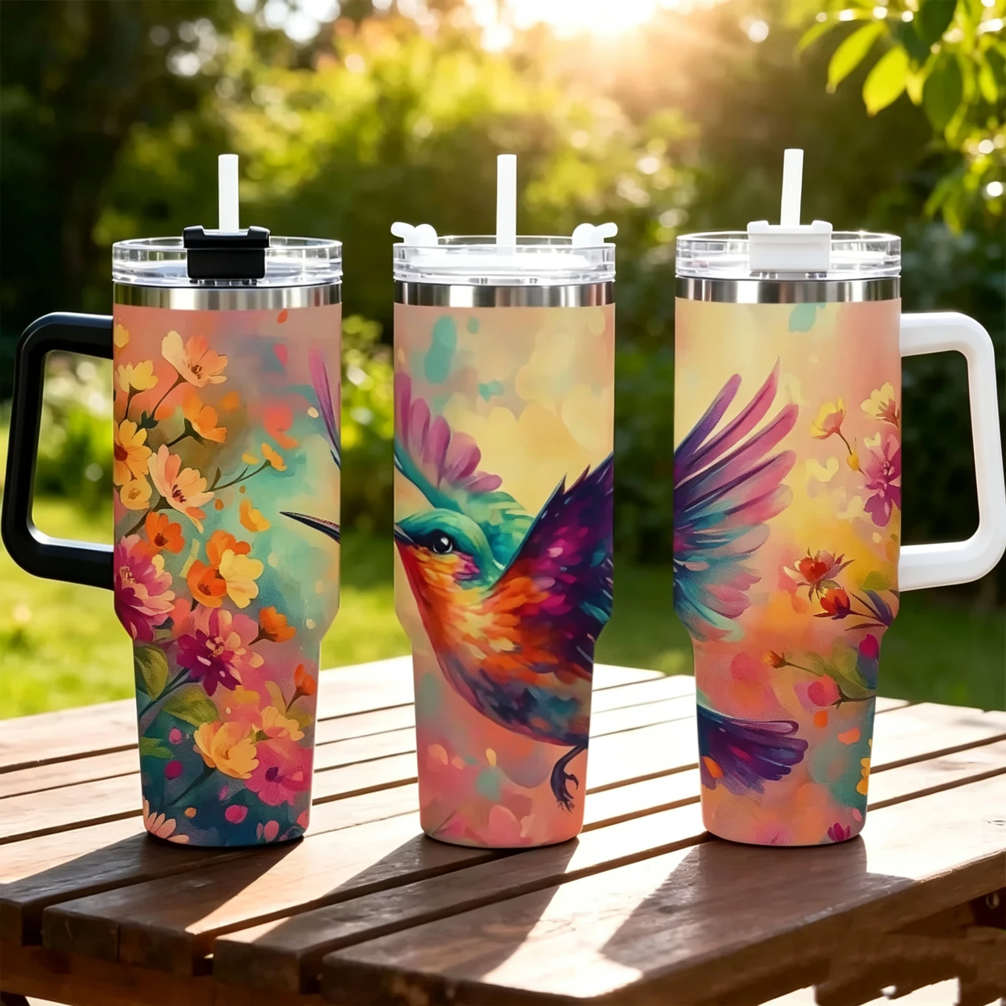 40oz Watercolor Hummingbird Floral Tumbler With Handle Straw Lid, Double Wall Vacuum Insulated Stainless Steel Travel Mug, Colorful Bird Wildflower Print Cup For Car Outdoor