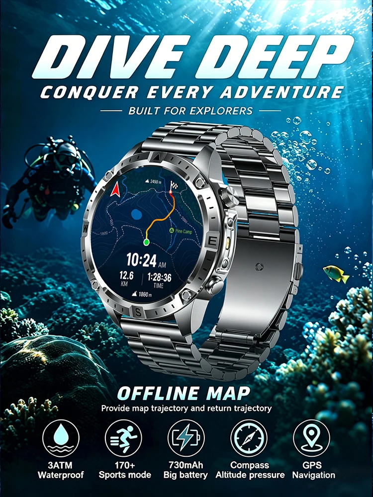 2026 Neue GPS-Smartwatch mit integrierten 2GB Offline-Karten, 3ATM Wasserdicht, Kompass, Höhenmesser, LED-Taschenlampe, 170+ Sportmodi, Bluetooth-Anruf, Outdoor-Smartwatch