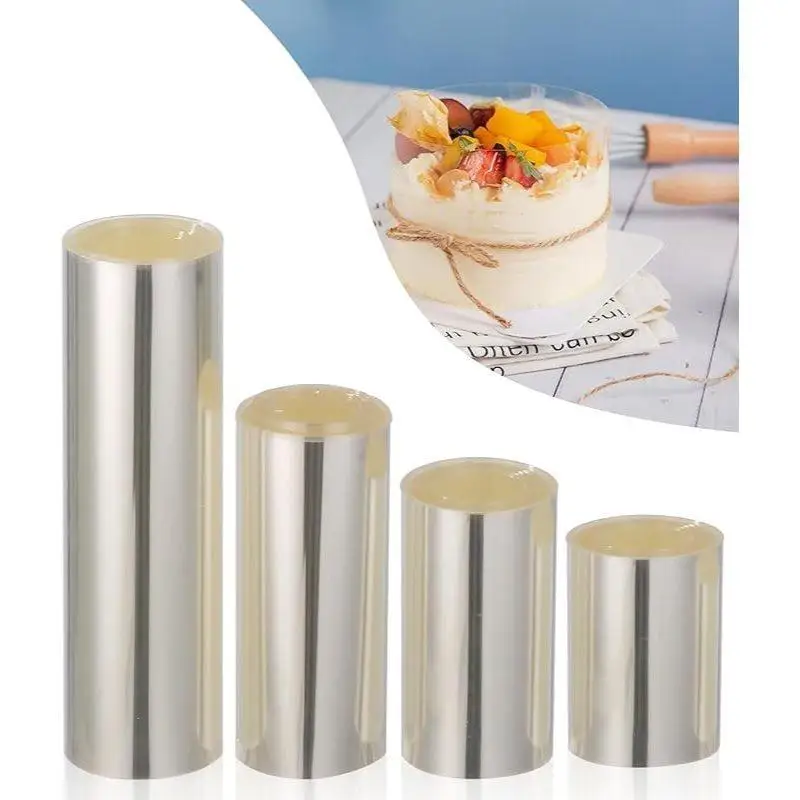 4 Rollen Kuchenrandfolie, transparentes Mousse-Kantenband, selbstklebende PET-Kunststoff-Backdekoration, staubdichte Folie für Geburtstagstorten, DIY-Konditorei, Geschenk für Backbegeisterte und