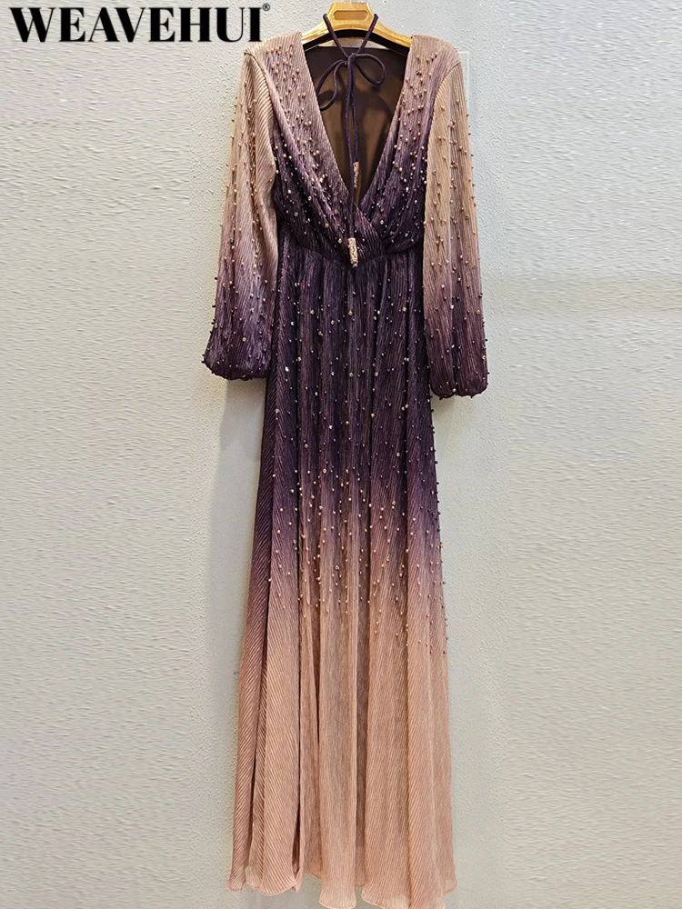 WEAVEHUI Women V-Neck Lantern Sleeve Beading Sashes Accessories Spring Summer New model High Street Exquisite Maxi Dresses