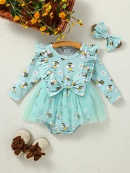 Baby girl honeybee and small daisy printing casual and cute autumn/Spring Dressy dress With Bow