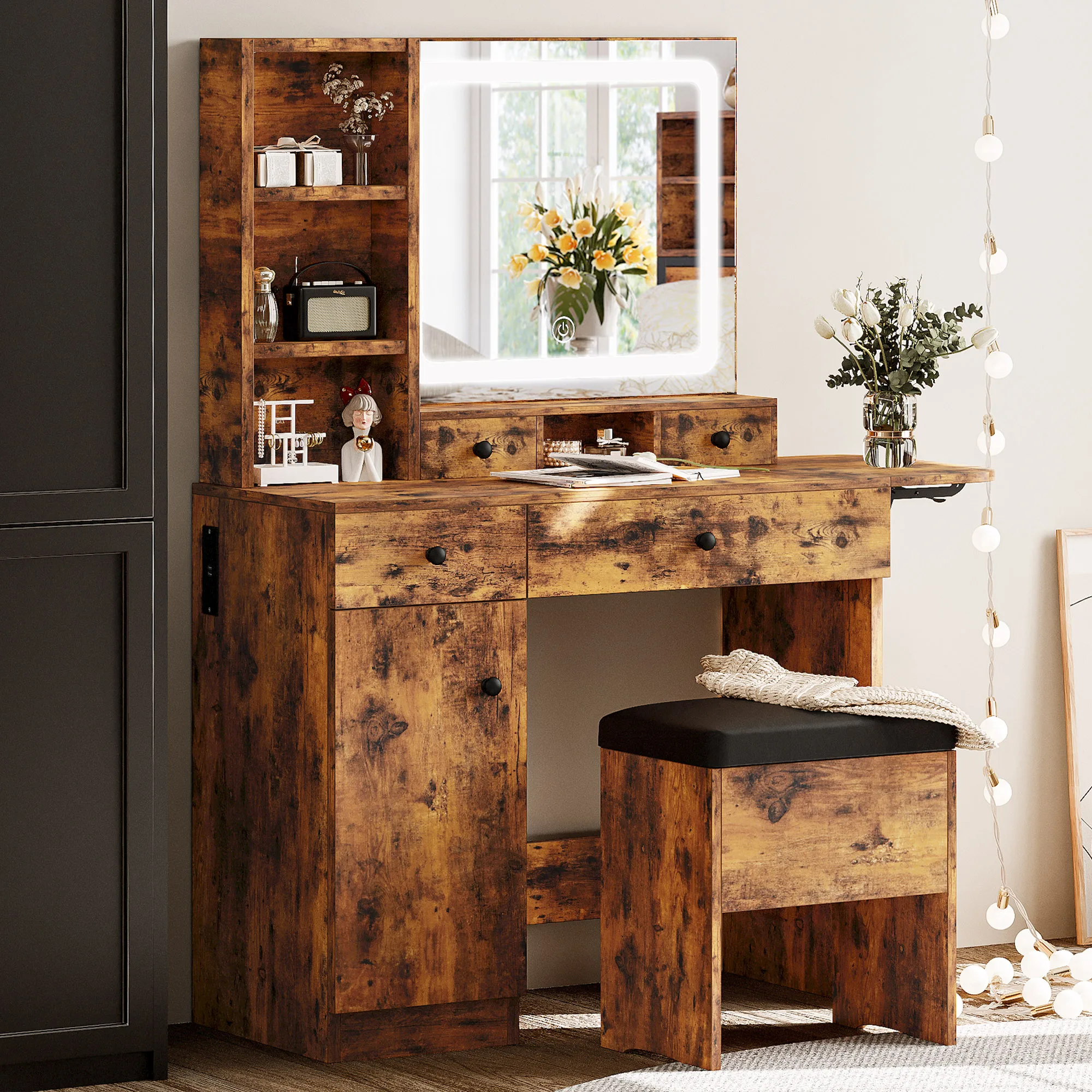 LIKIMIO Vanity Desk with Drawers & LED Lighted Mirror & Power Outlet & Cabinet, Storage Stool