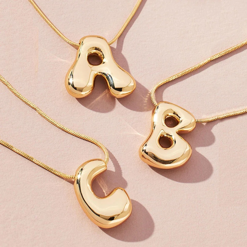 Colar inicial de aço inoxidável para mulheres e meninas, Chunky Bubble Letter Pendant, Colares de