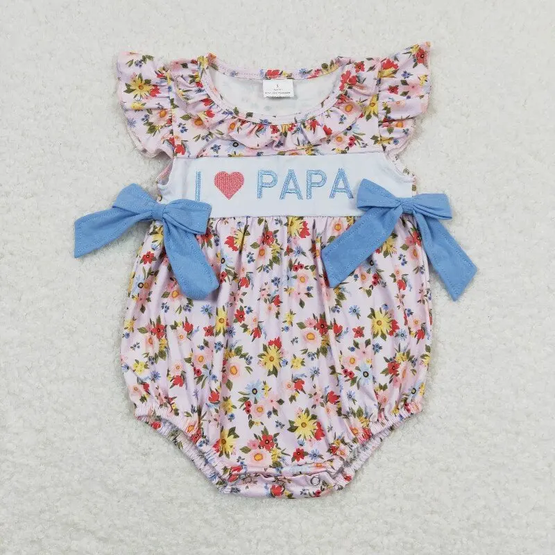 11.19y SR1162 Baby Girls I Love Papa Embroidered Flower  Father's Day Blue Bow Pink Vest Romper