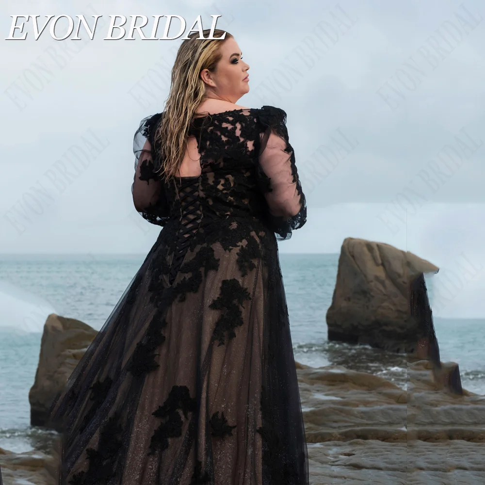 Evon Bridal robe de mariée noire moderne manches bouffantesEVON BRIDAL-Robe de mariée noire moderne avec manches bouffantes, robe de mariée en tulle