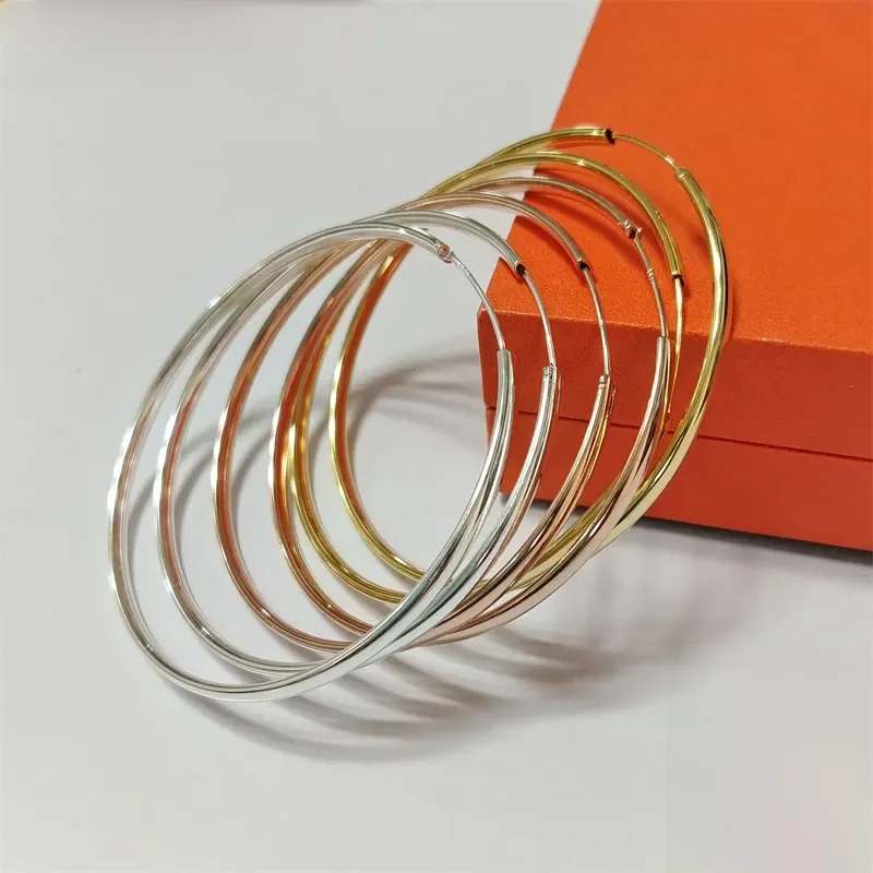 Senlissi - New Rose 585 Plated 925 Sterling Silver Damskie kolczyki kółka 3.0mm Fashion Earring 18K Gold Cерьги Kольца 70 80 90MM — zdjęcie 2