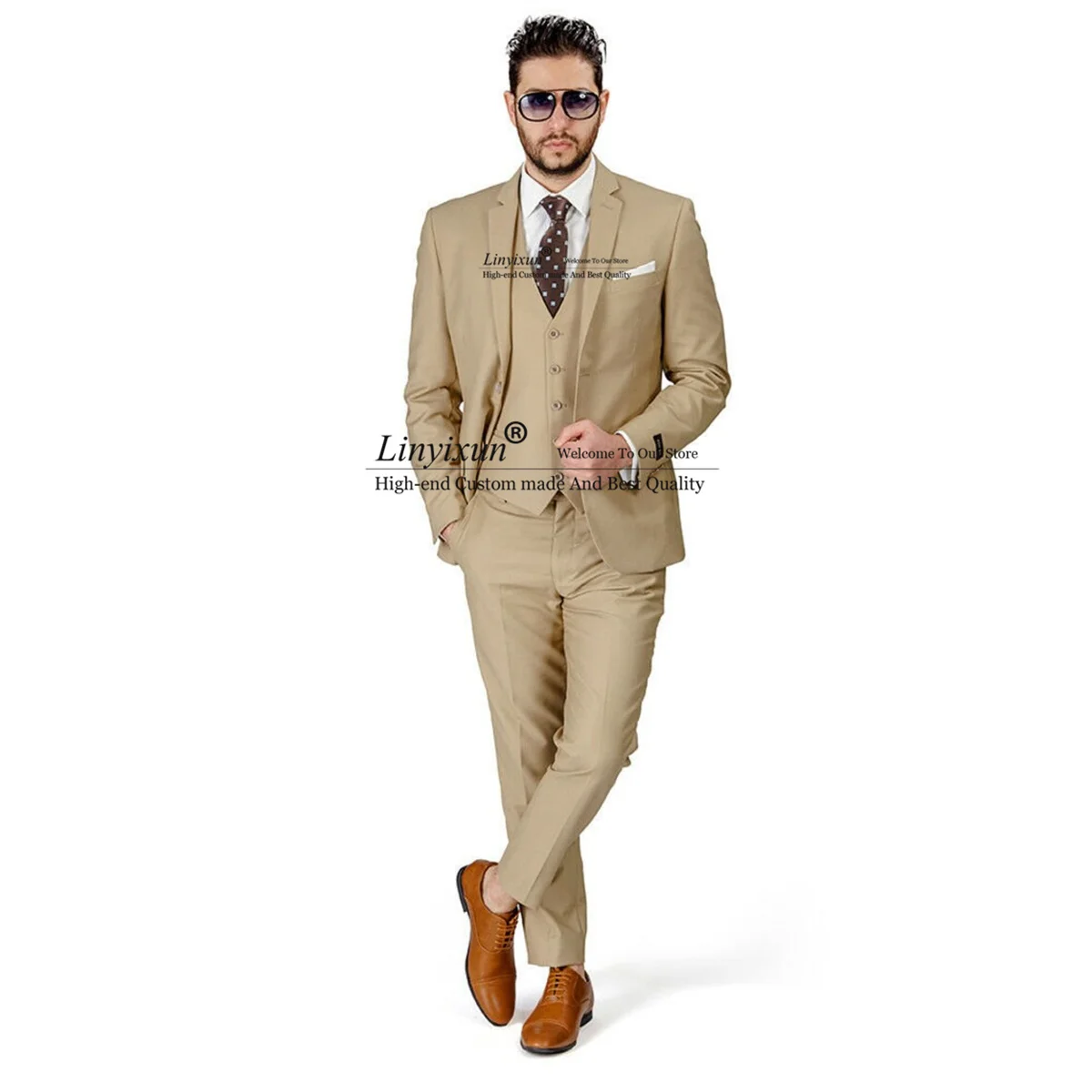 

Slim Fit Men's Soild Beige Tan Suit Notch Lapel Flat Front Pants Fitted Vest Groom Tuxedos 3 Pieces Sets Business Male Blazers