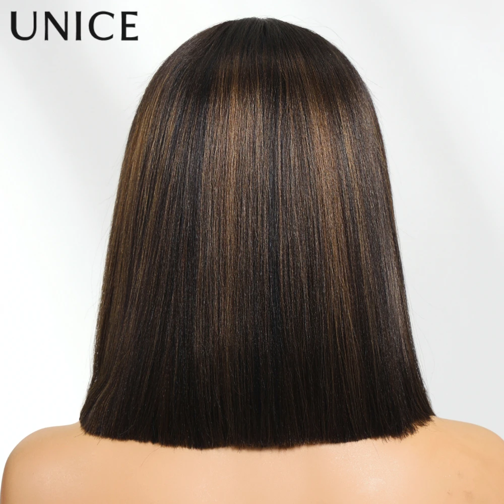 UNice 7x5 الدانتيل قبل قطع قبل ابيض الطبيعية الأسود ياكي مستقيم بوب شعر مستعار شعر الإنسان مع الكراميل البني تسليط الضوء على والرباط #2