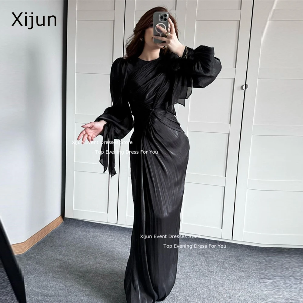 Xijun Modest Black Evening Dresses Mermaid Full Sleeves Formal Prom Dresses O-Neck Moroccan Kaftan Dubai Prom Gowns Floor Length