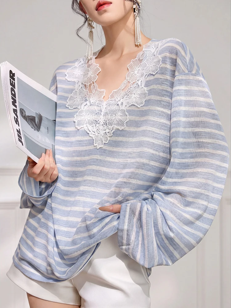 Women Blue Striped Lace Patchwork V Neck Lightweight Loose Long Sleeve Cover Up Knit Blouse Casual Sheer Summer Beachwear Top