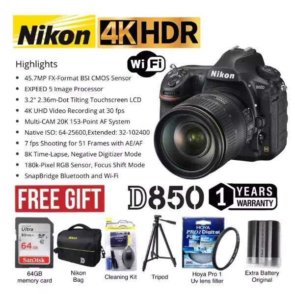 Best Price for DSLR Camera with Extra Accessories, D850, FX, D7500, 24-120mm, F 4G, AF-S, ED, VR Lens, 64GB