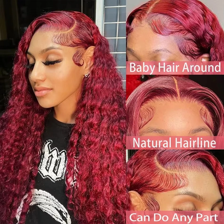 200 Density 99j Burgundy 30 40 Inch HD 13x6 Lace Frontal Wigs Human Hair Transparent Preplucked Red Colored Deep Wave Remy Hair image 3