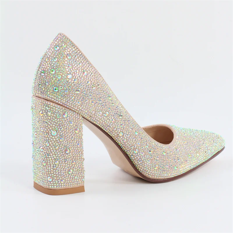 Onlymaker Woman Pointed Toe Rhinestone Chunky Heel Pumps Slip On Thick Heel Wedding Office Dress Big Size Lady Heels