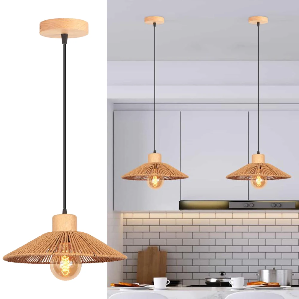 

Rustic Boho Rattan Pendant Light Fixture Vintage Woven Hemp Rope Hanging Lamp Retro Rattan Basket Lampshade Ceiling Chandelier